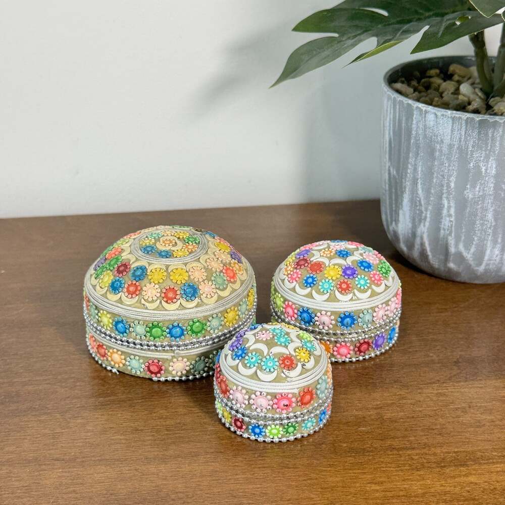 Set of 3 Multicolor Floral Beaded Round Decorative Boxes Trinket Jewelry Storage